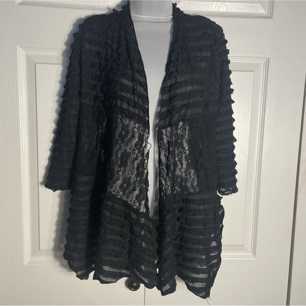 Mod'Land Paris Lace Kimono Womens M Black Sheer Open Front Whimsigoth Ruffle Top